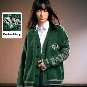 Harry Potter | ROMWE Ladies' Slytherin Style Embroidered Green Cardigan Large